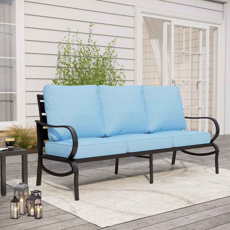 Argirios 75'' Wide Metal Outdoor Patio Sofa with Cushions, Blue