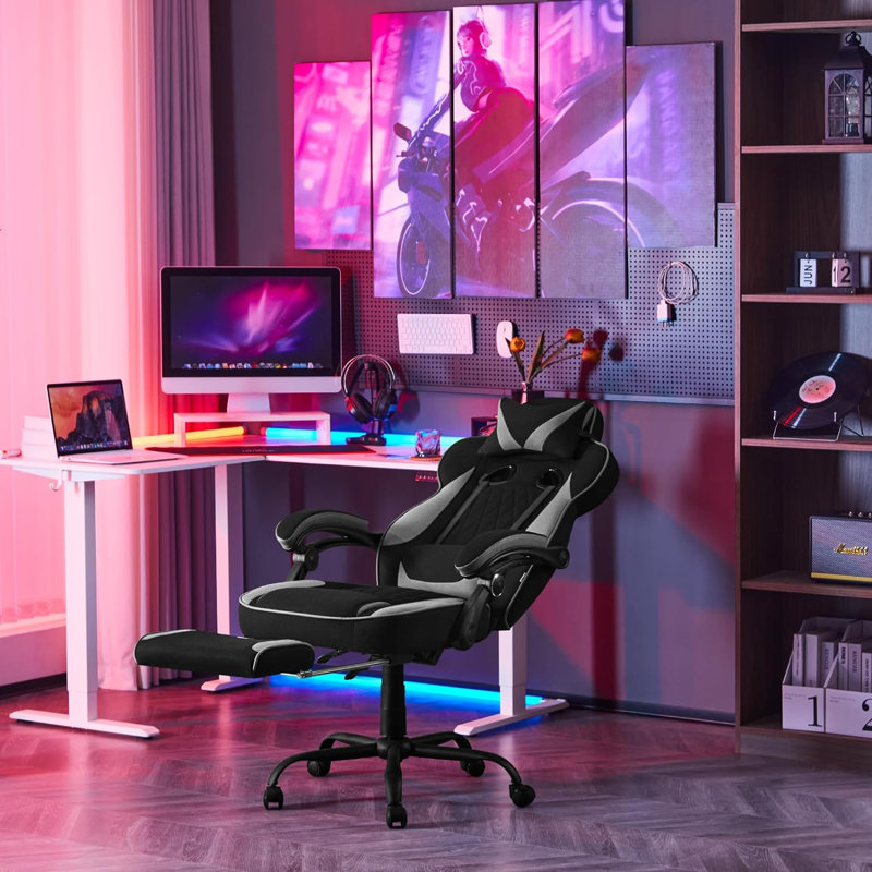 Inbox Zero Adjustable Reclining Ergonomic Swiveling PC & Racing Game Chair with Footrest, Grey/Black