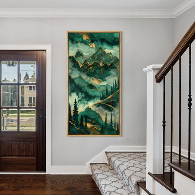 Woodland Forest Landscape Emerald Green Mountain Peak Landscape Illustrations Modern Extra Large Framed Canvas Print Wall Art