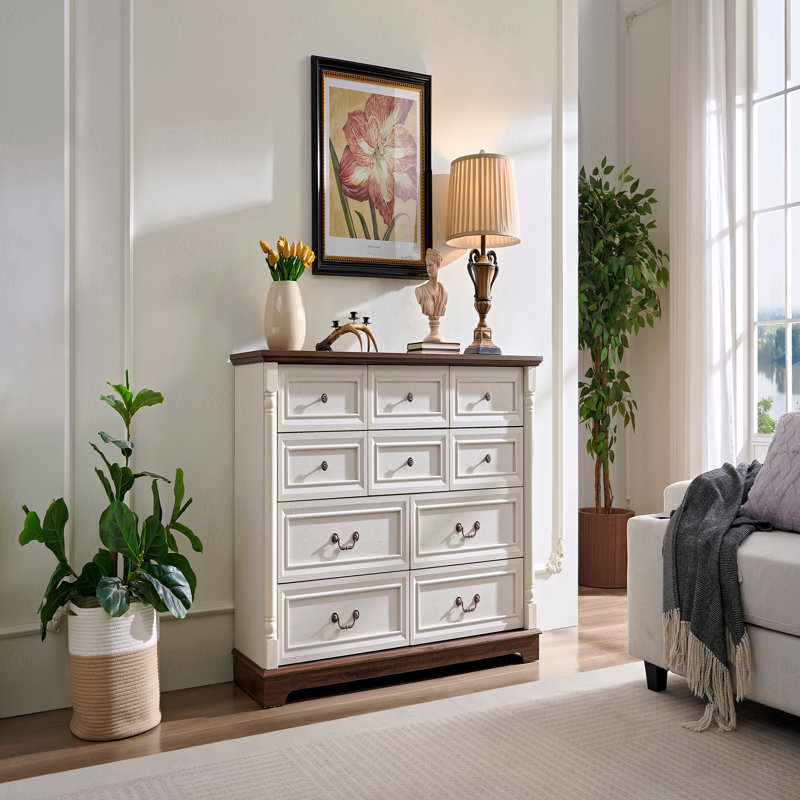 Commode 10 tiroirs pour chambre à coucher avec base en bois et garniture montante, commode rustique en bois, commode de rangement
