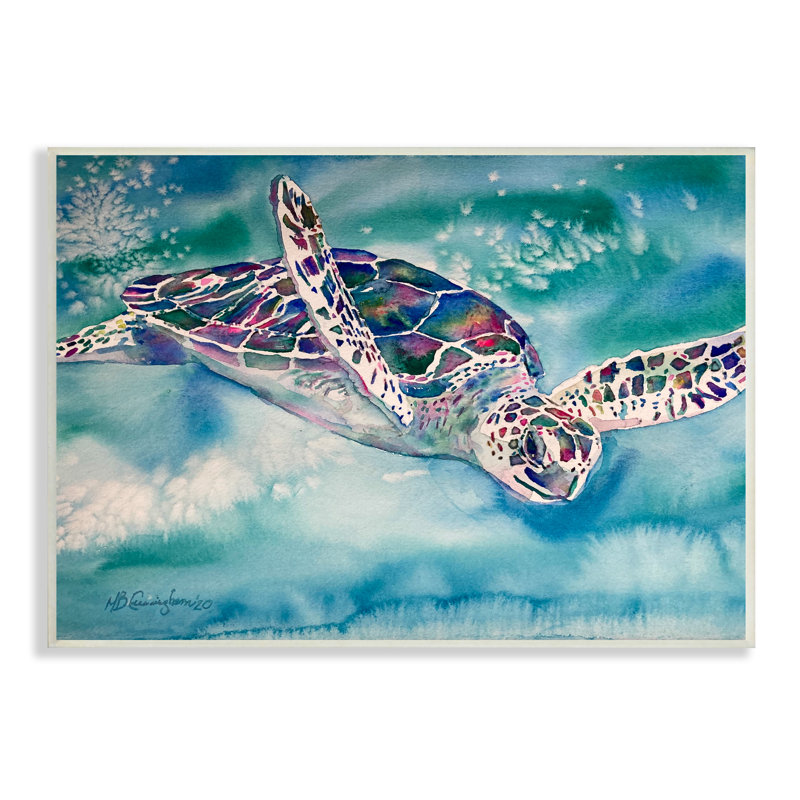 Tortue de mer nageant dans l'eau, aquarelle, reptile par MB Cunningham - Peinture, H 13 po x l 19 po x P 0,5 po, Bois