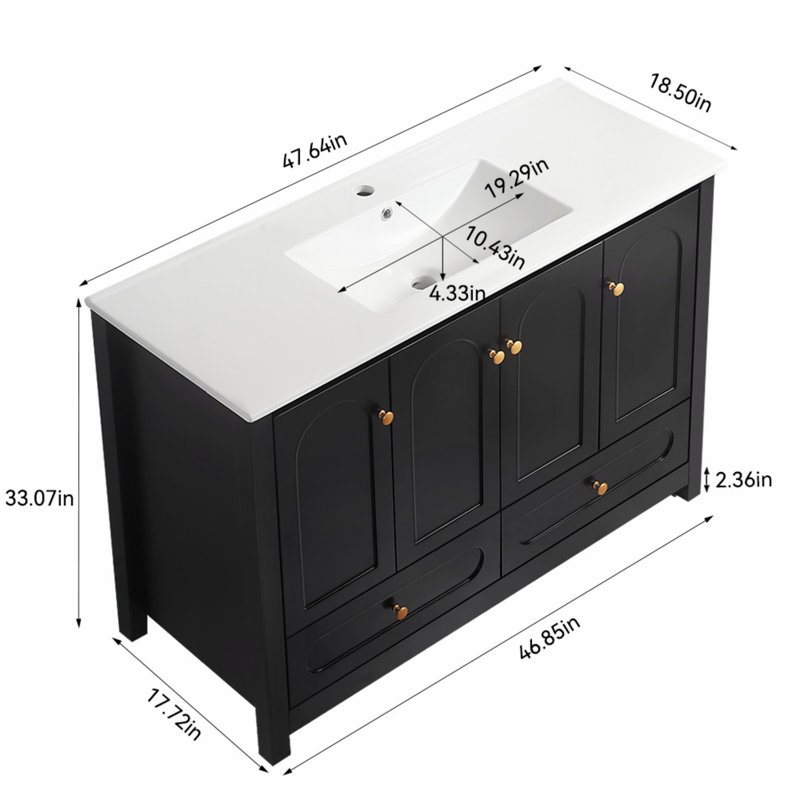 Meuble-lavabo de salle de bain avec lavabo en céramique, armoire de rangement de salle de bain avec 2 tiroirs et 4 portes à fermeture en douceur