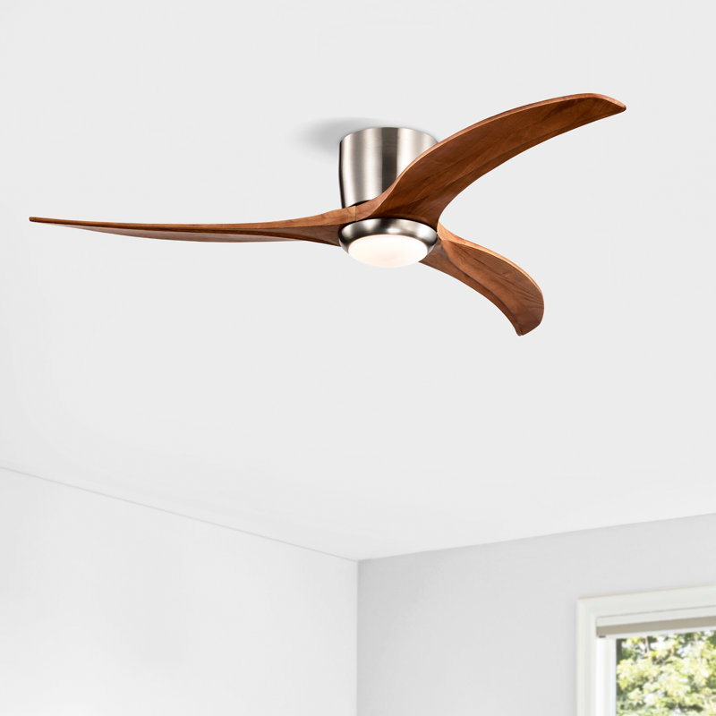 52" Flush Mount Fan Light,3 PCS Solid Wood Blades Ceiling Fan with Lights Remote Control,Quiet DC Motor, 6 Speed ,Reversible Ceiling Fan for Patio Living Room, Bedroom, Office,Indoor.(Stain Nickel )