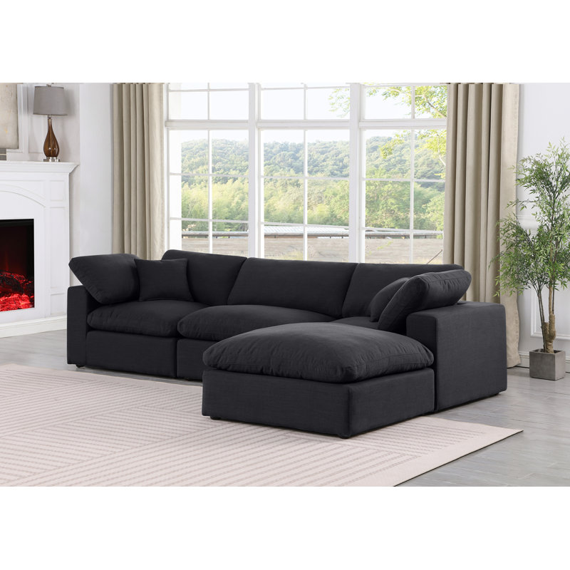 Canapé modulaire 4 pièces rembourré, Tissu texturé en lin noir