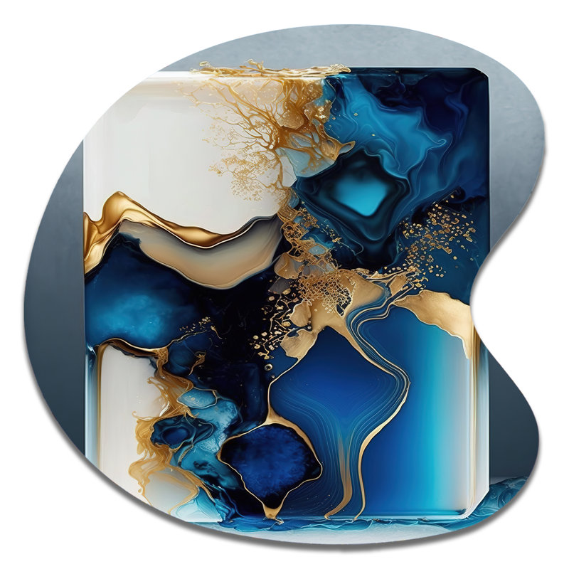 Abstrait géométrique en marbre doré et bleu III, H 33 po x l 33 po