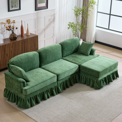 Canapé modulaire en forme de L de 103,15 po à 4 places, canapé en chenille avec jupe plissée à volants amovible, repose-pieds et accoudoirs évasés pour le salon et la chambre à coucher