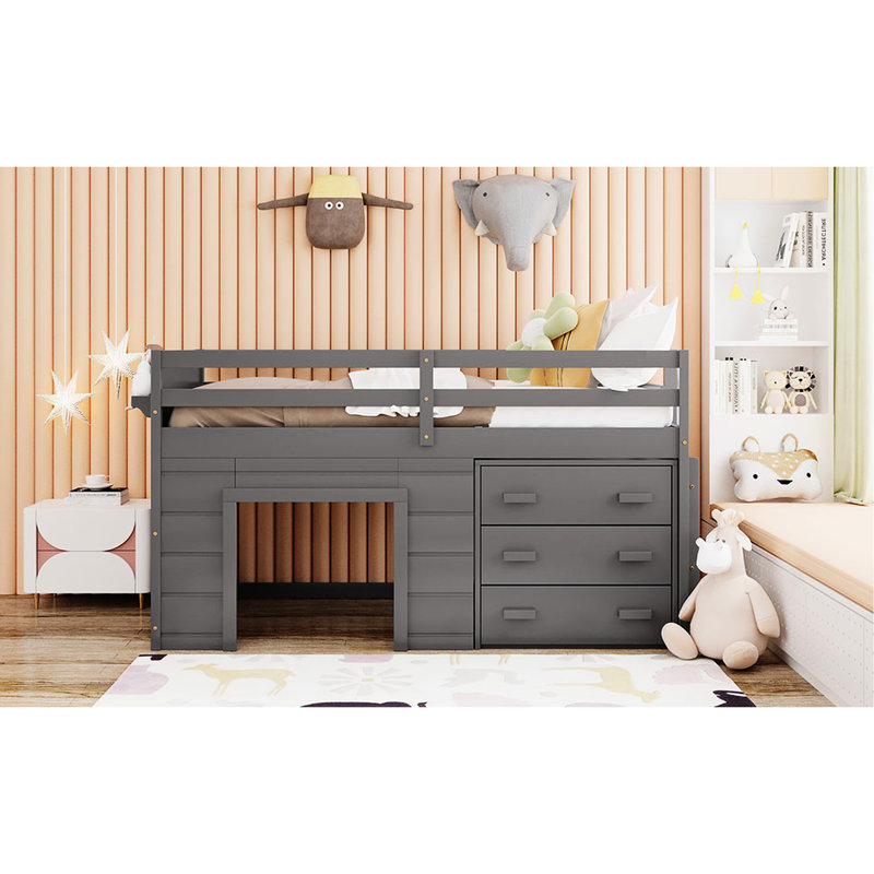 Lit mezzanine simple gris avec armoire et tablette résilientes - Structure en bois massif de pin fiable, Gris