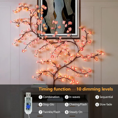 DIY Cherry Enchanted Willow Vine Lights,7.55 FT /144 LED Cherry Blossom Lights With Remote Timer,8 Lighting Modes,LED Tree Branch Light For Wall,Cherry Blossom Wall Decor For Bedroom Home（7.55FT/144LED)