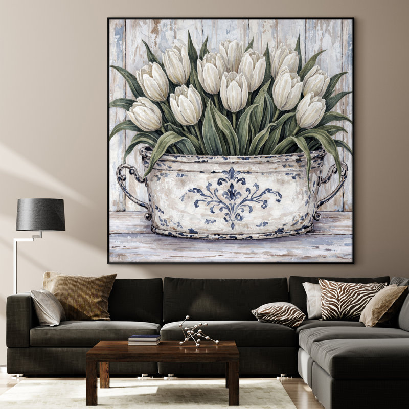 Très grand art mural imprimé sur toile - Jardinière florale tulipe blanche décor de salle à manger de ferme - "Assemblage requis (cadre non fini)"