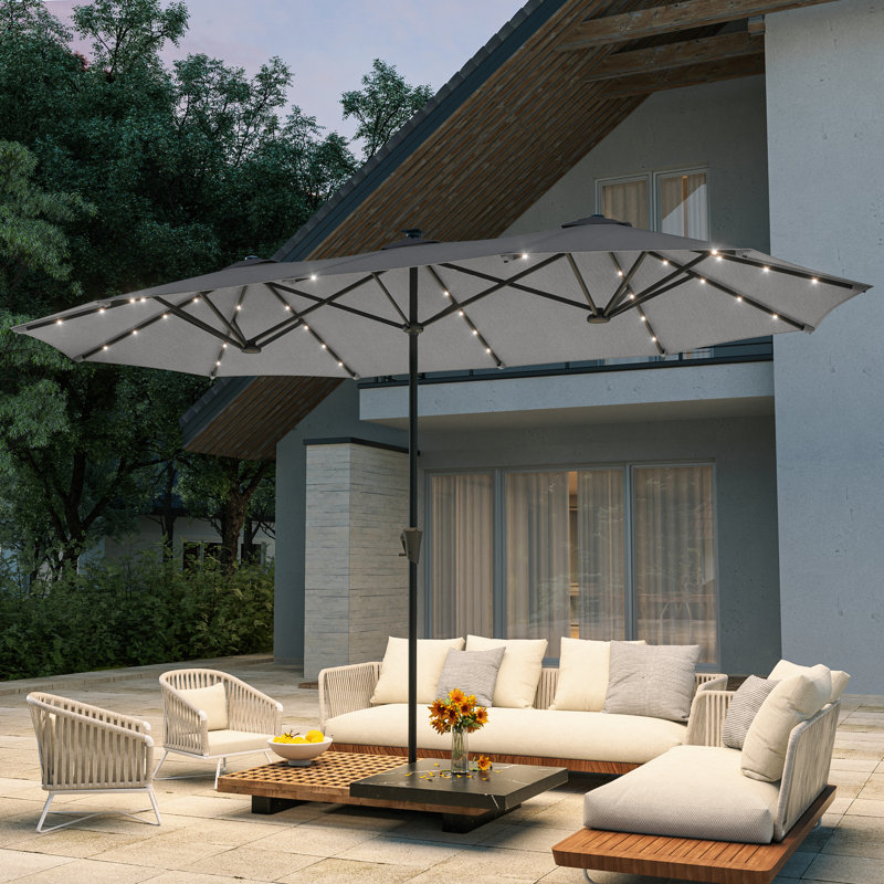 Parasol 13 x 7,2 pi DEL double face pour patio, parasol simple Market, Gris