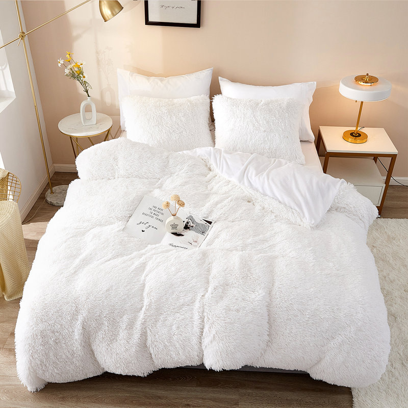FFDC1217 Plush Shaggy Duvet Cover Set, White, Twin Duvet Cover + 2 Additional Pieces