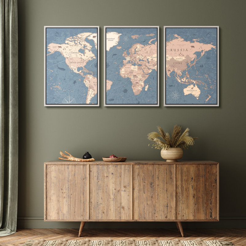 Carte du monde «Blue Global Antique Atlas, H 36 po x l 72 po, Reproduction avec cadre flottant, Naturel