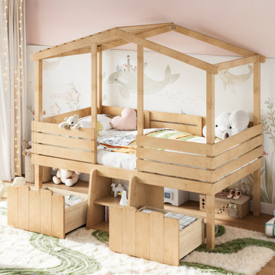 Homestead Twin House Kids Loft Bed with Stairs and Storage Drawers, Farmhouse Style