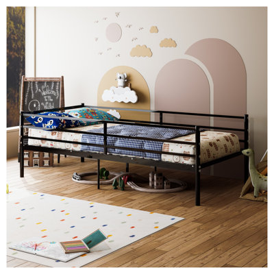 Structure de lit de jour simple en métal avec rails de sécurité, lit plateforme noir robuste pour chambre d'enfant et chambre d'amis, assemblage facile