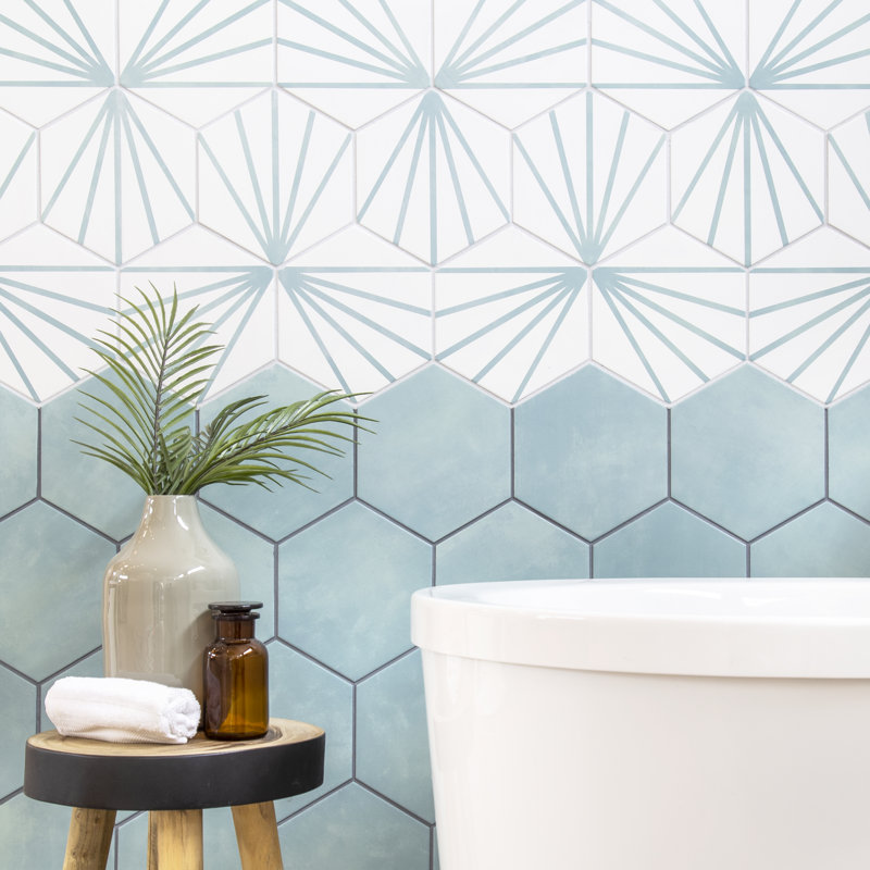 Geometric 8" x 9" Porcelain Patterned Wall & Floor Tile, Teal