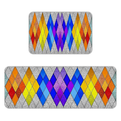 Ensemble de tapis de cuisine à motif de flanelle antidérapant 2 pièces Rainbow Diamond