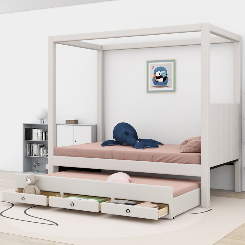Upholstery Canopy Platform Bed With Trundle, Twin