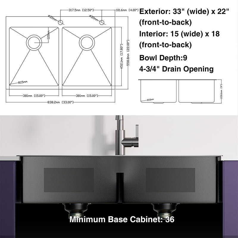 33'' L Undermount Double Bowl Stainless Steel Kitchen Sink
