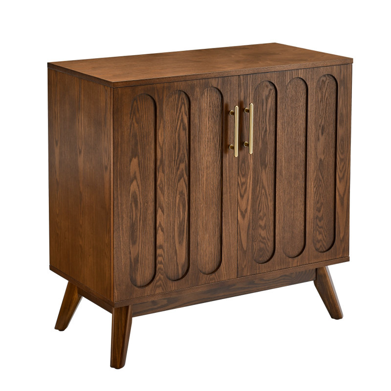 Buffet Mid-Century à cannelures en bois massif avec tablettes réglables, Noyer