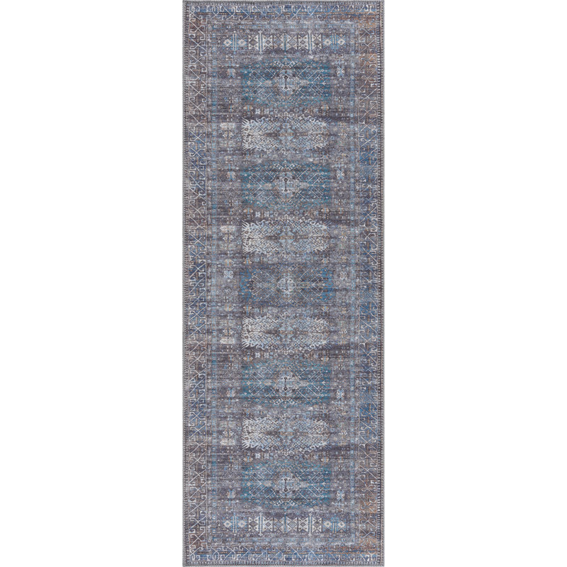 Washable Non-Slip Traditional Area Rug - Slate Gray / Blue Rug for Entryway, Hallway, Bathroom, and Kitchen - Fellers