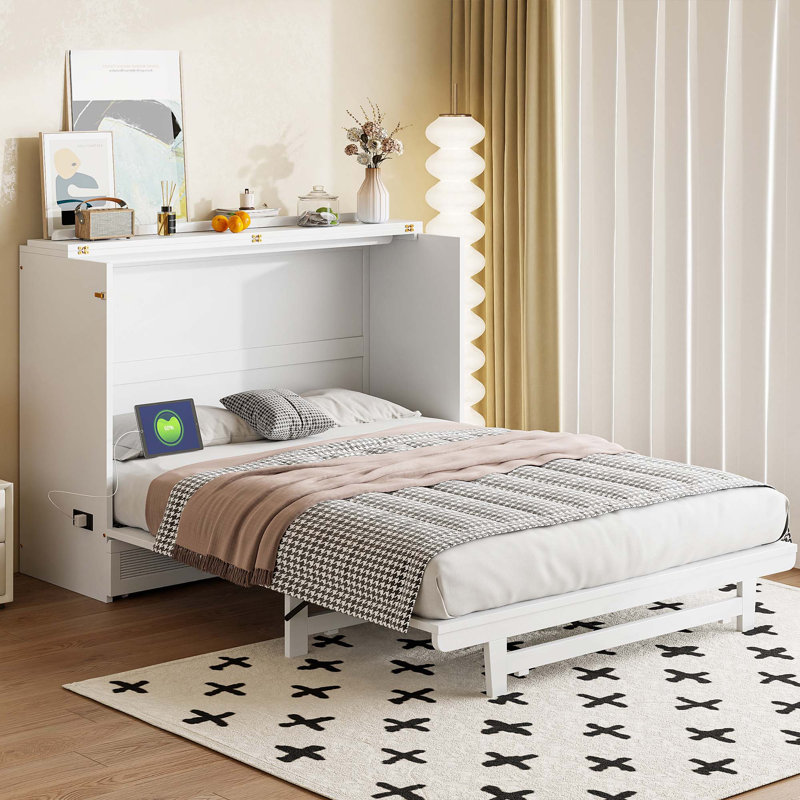 Lit escamotable avec grand tiroir, ports USB et prises USB, Grand lit, Blanc