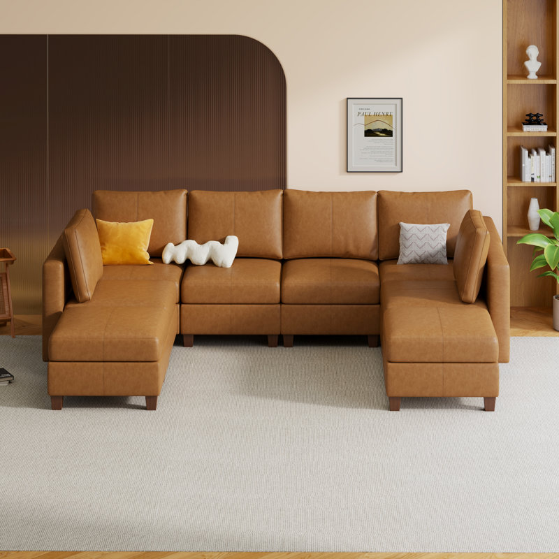 MINCETA Canapé modulaire modulaire avec repose-pieds avec rangement, canapé modulaire rembourré et confortable pour salon, chambre à coucher, canapé en L 6 places avec 2 repose-pieds, similicuir brun
