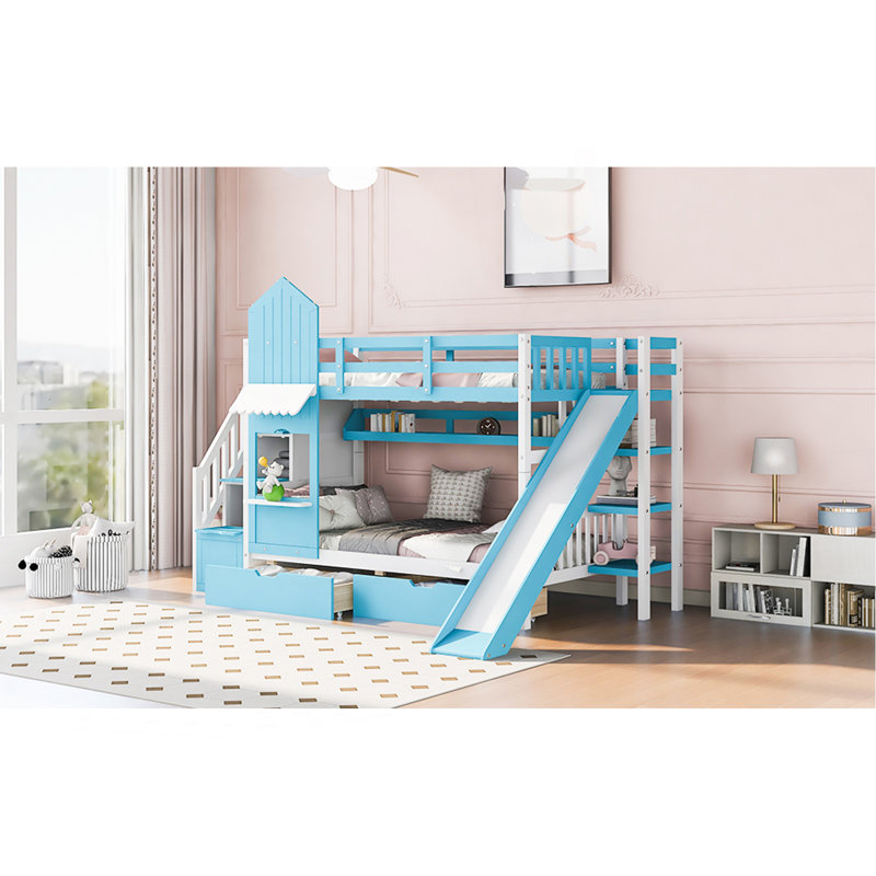 Lit superposé simple au-dessus d'un lit simple avec 2 tiroirs, 3 tablettes et glissière - bleu, Bleu