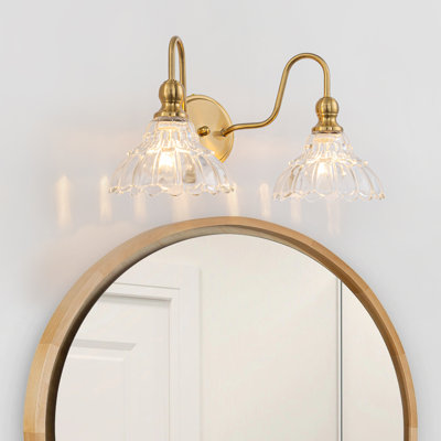 Luminaire de salle de bain rétro sur miroir, applique murale en laiton 2 lumières avec abat-jour en verre
