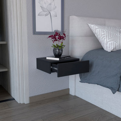 Floating Bedside Table with Drawer - Space-Saving Wall Mounted Nightstand, Black