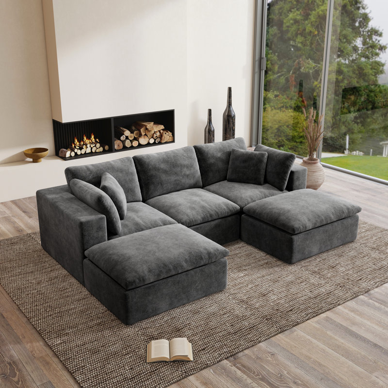 Kreyton Boneless 108" Cloud Compression Sectional Sofa, No-Assembly Sectional Couch, Gray Chenille