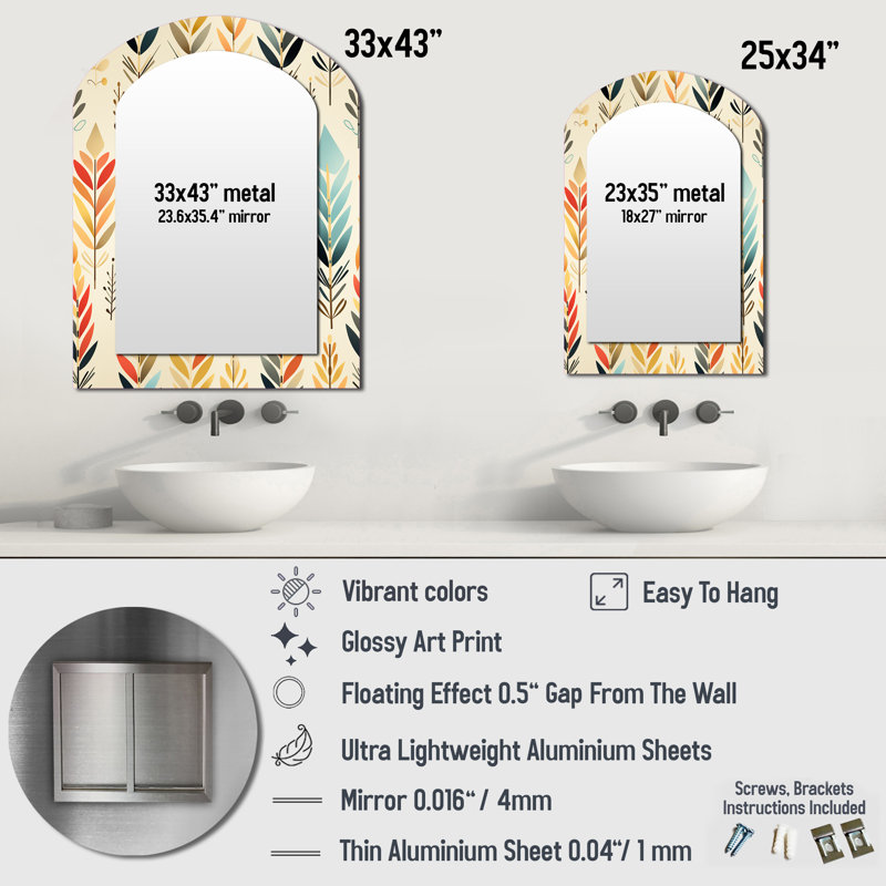 Ivory Boho Accents - Chevron Arch Mirror, Beige Asymmetrical Decorative Wall Mirror, Printed Metal Art, 43" x 33"