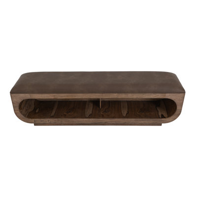 Wooden bench with a cushioned seat and open storage underneath. by Loon Peak
