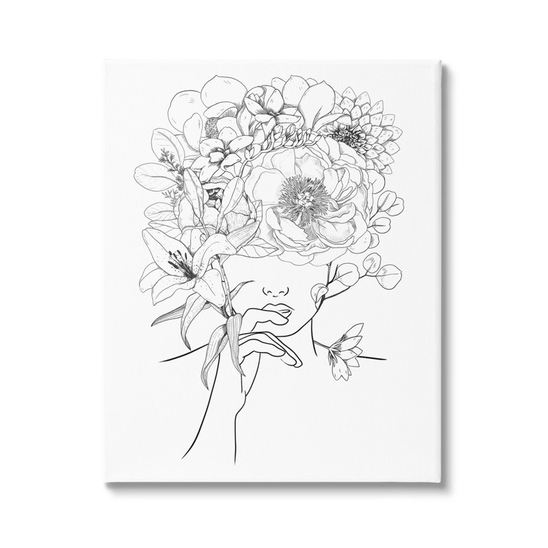 Dessin au trait, bouquet floral botanique sur le visage d'une personne, Toile tendue, L 36 po x L 36 po