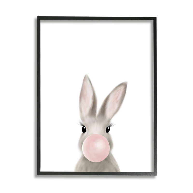 Lapin avec gomme à bulles rose, animal de la forêt, H 30 po x l 24 po x P 1,5 po, Giclée encadrée noir minuit