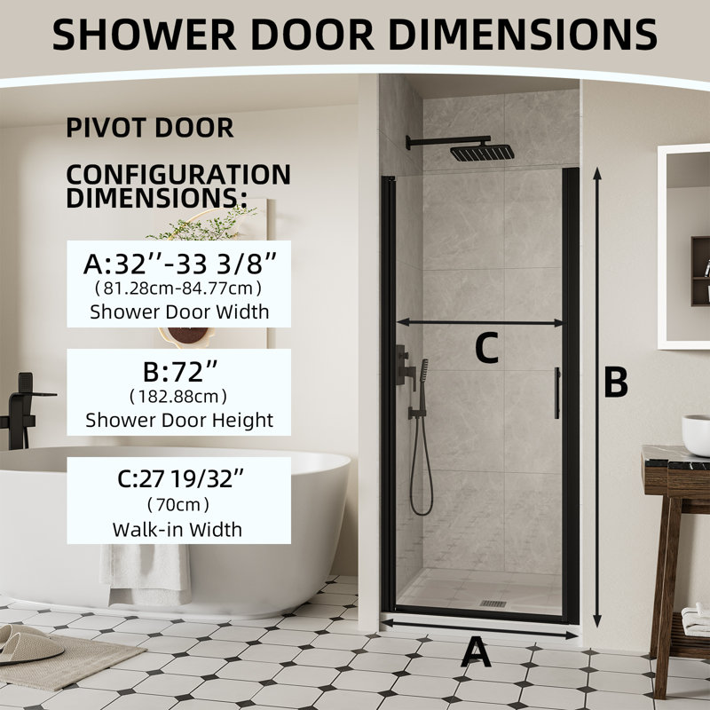 Porte de douche sans cadre l 32 à 33,4 po x H 72 po, portes de verre pivotantes avec verre trempé clair de 1/4 po (6 mm), porte de douche battante noire matte réglable