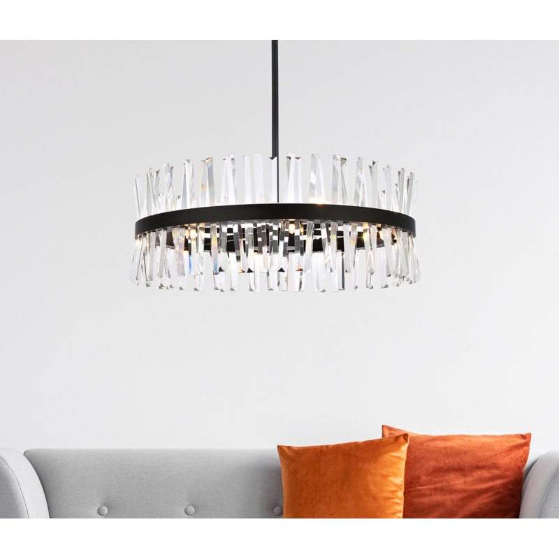 Athol 16 - Light Iron Drum Chandelier with Crystal Prisms, Black, 12" H x 32" W x 32" D