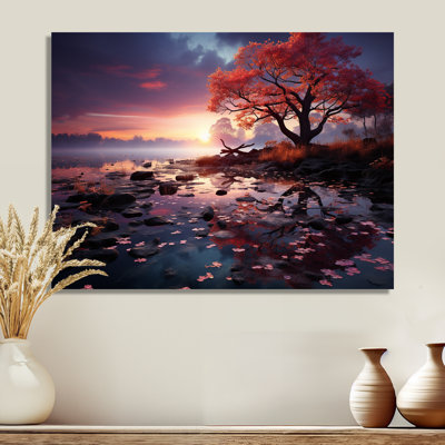 Arbre rouge, soirée enchantée au-dessus du lac - impression d'art mural lac