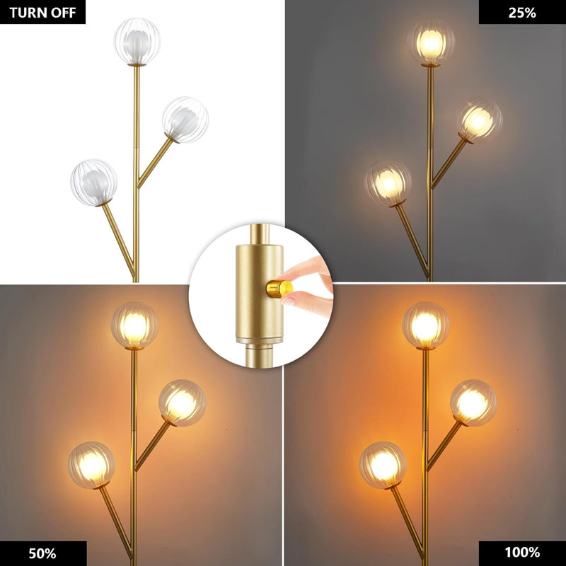 67" Mid-Century Modern Floor Lamp With Dimmable 3 Globe Glass Shades For Living Room, Bedroom, Brushed