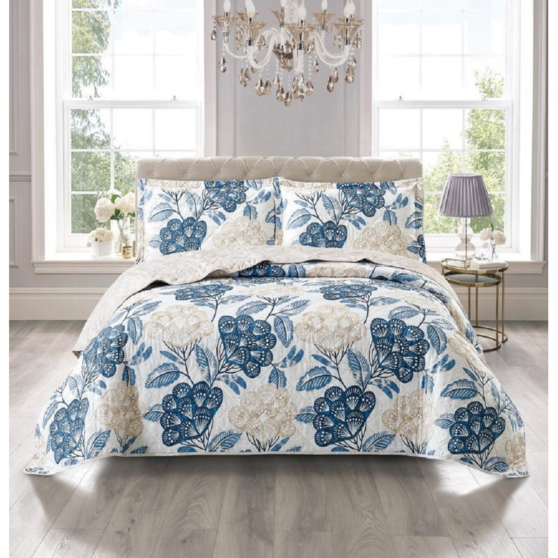 Printed Bedspread Set Floral Pattern with Matching Pillow Shams, Soft Microfiber Coverlet, Lightweight & All-Season Bedding