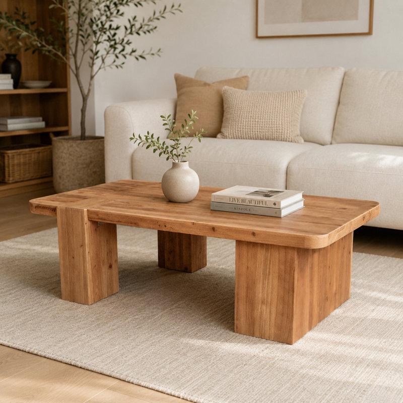 Solid Wood Coffee Table, Walnut Finish Rustic Rectangular Low Table with Thick Top and Panel Legs for Living Room