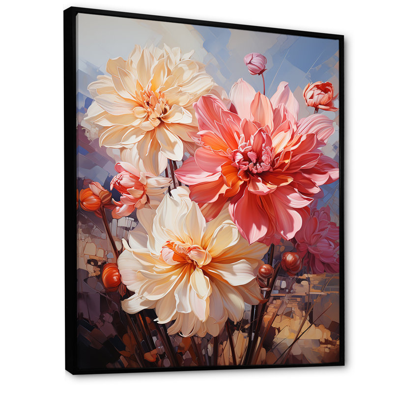 Bouquet de jonquilles roses et blanches sur toile, Cadre flottant noir, H 44 po x l 34 po x P 1,5 po