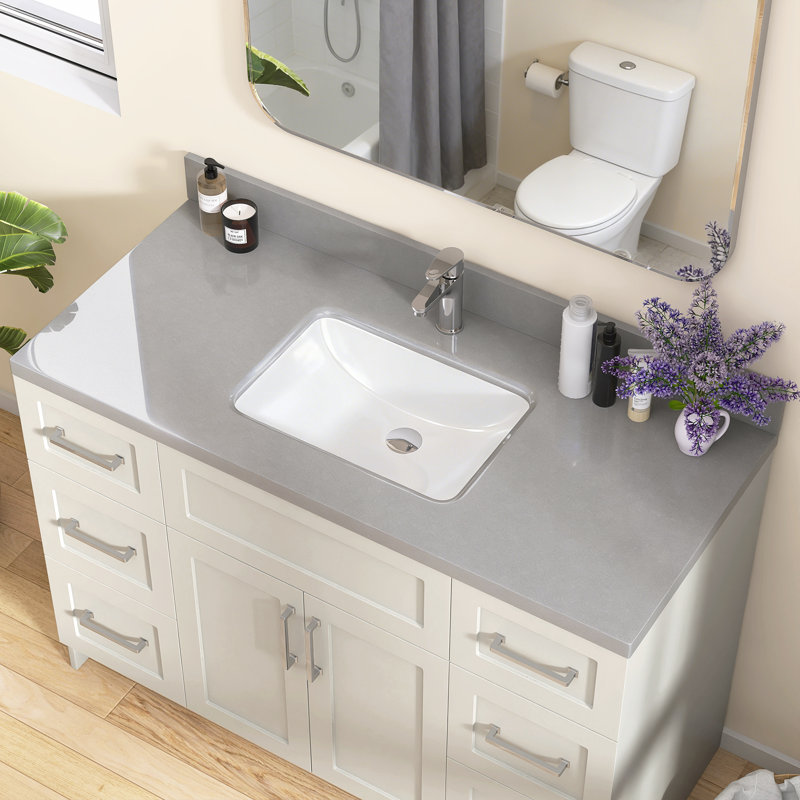 48'' W X 22'' D Engineered Stone Gray Vanity Top Drop-in Single Sink Rectangular Countertop Undermount Ceramic Center Drain Sink with 4 In. H Backsplash & Single Pre-drilled Faucet Hole