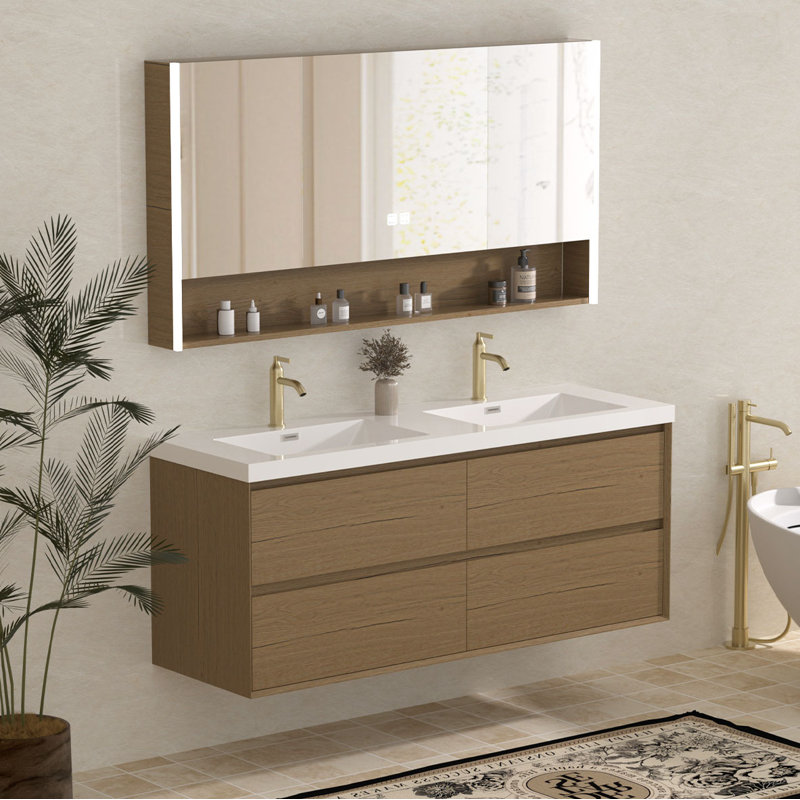 Meuble-lavabo double 60 po avec lavabos intégrés en résine, Light Brown, L 60 po
