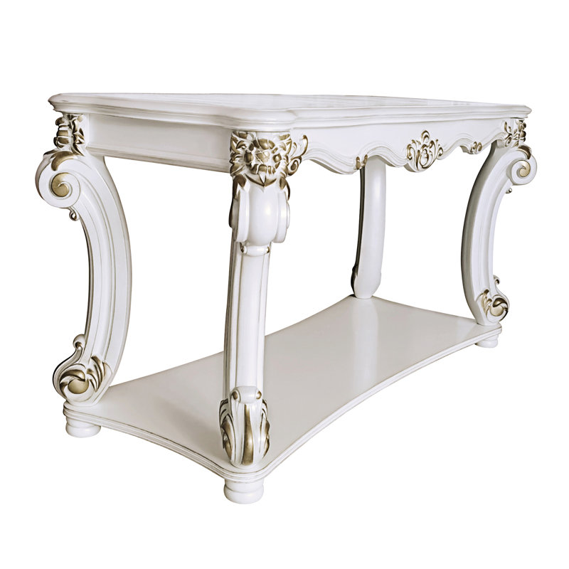 Antique Pearl Finish White and Gold Wood Sofa Table