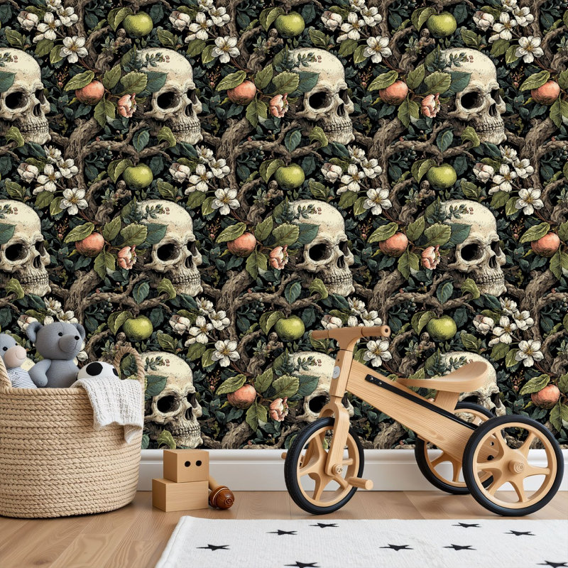 Papier peint adhésif peler et coller en PVC, revêtement mural auto-adhésif amovible avec impression de style de crâne botanique foncé fantaisie, imperméable pour la décoration intérieure - rouleau