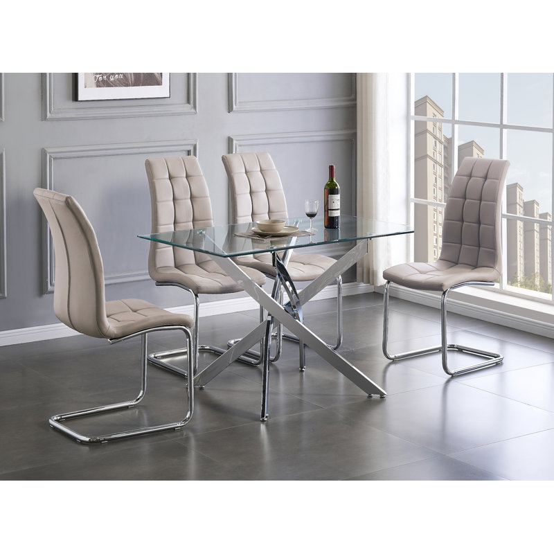 Lenworth Modern Chrome Metal and Glass Dining Table Set with 4 Luxury Faux Leather Dining Chairs, Cappuccino Beige