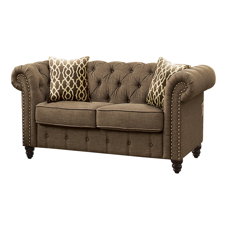 Carlson Chesterfield Loveseat with Accent Pillows, Brown Linen