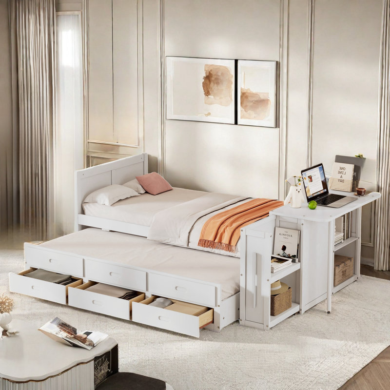 Multifunctional Wood Platform Bed With Desk And Storage Shelves, Built-in Trundle And 3 Drawers, White