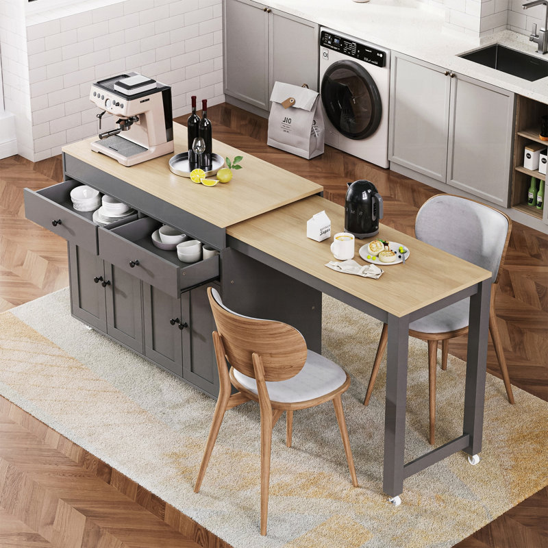 Îlot de cuisine avec table à manger extensible, tiroir à épices et roulettes