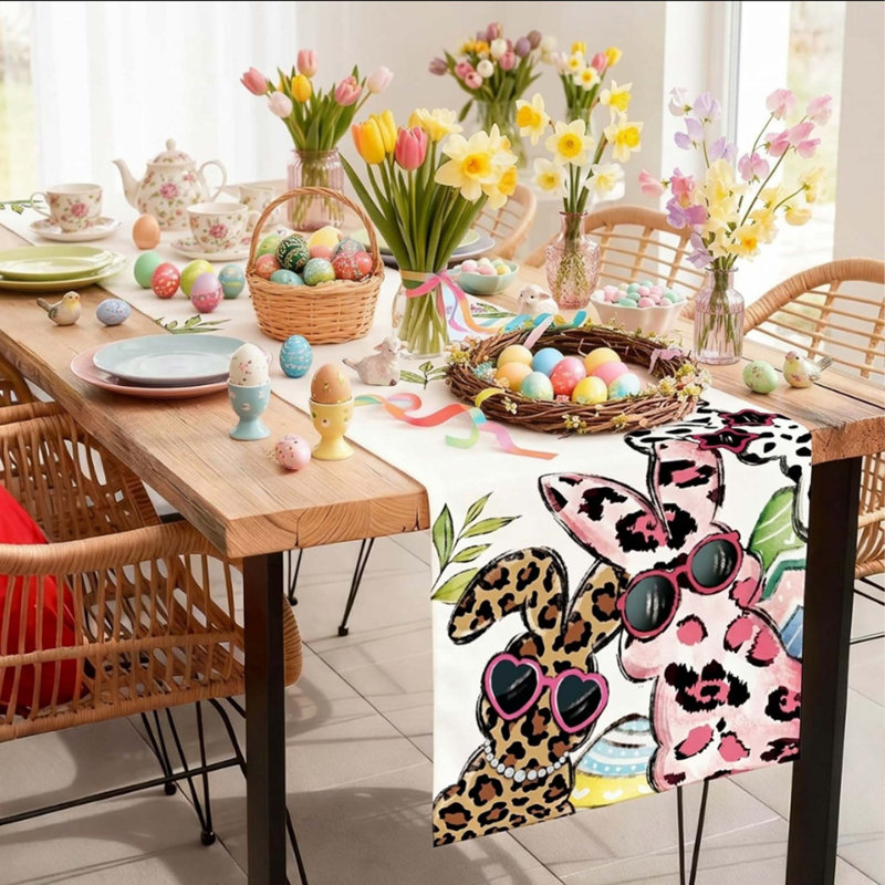 Easter Bunny Table Runner Egg Burlap Spring Leopard Rabbits Wildflower Print Table Decor for Dining Coffee Table